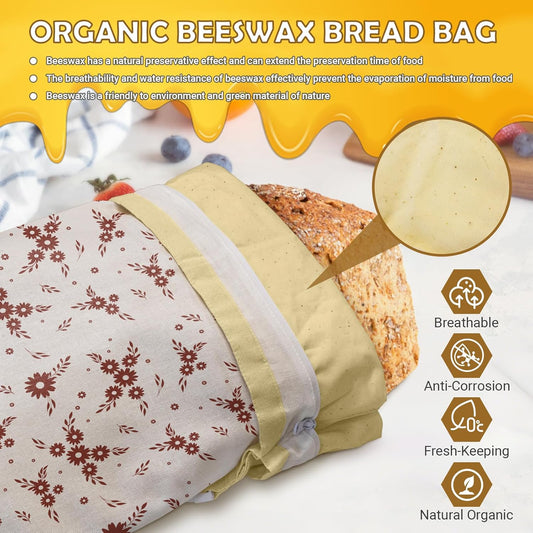 Large Linen Beeswax Bread Bags(2 Pack) Sourdough Bread Bags Reusable Double-Lock Freezer Baking Container Gift Giving for Homemade,Loaf,Sourdough,Food Storage (Flowers 2)
