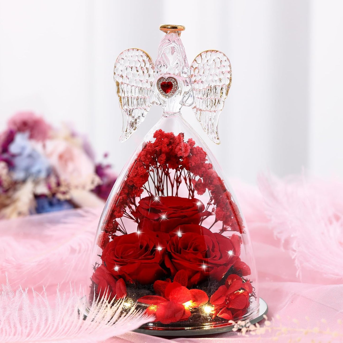 Mothers Day Rose Gifts for Women, Large Angel Figurines with Real Roses, Preserved Real Flower Rose for Her, Crystal Red