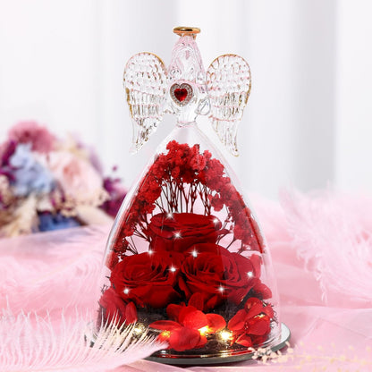 Mothers Day Rose Gifts for Women, Large Angel Figurines with Real Roses, Preserved Real Flower Rose for Her, Crystal Red