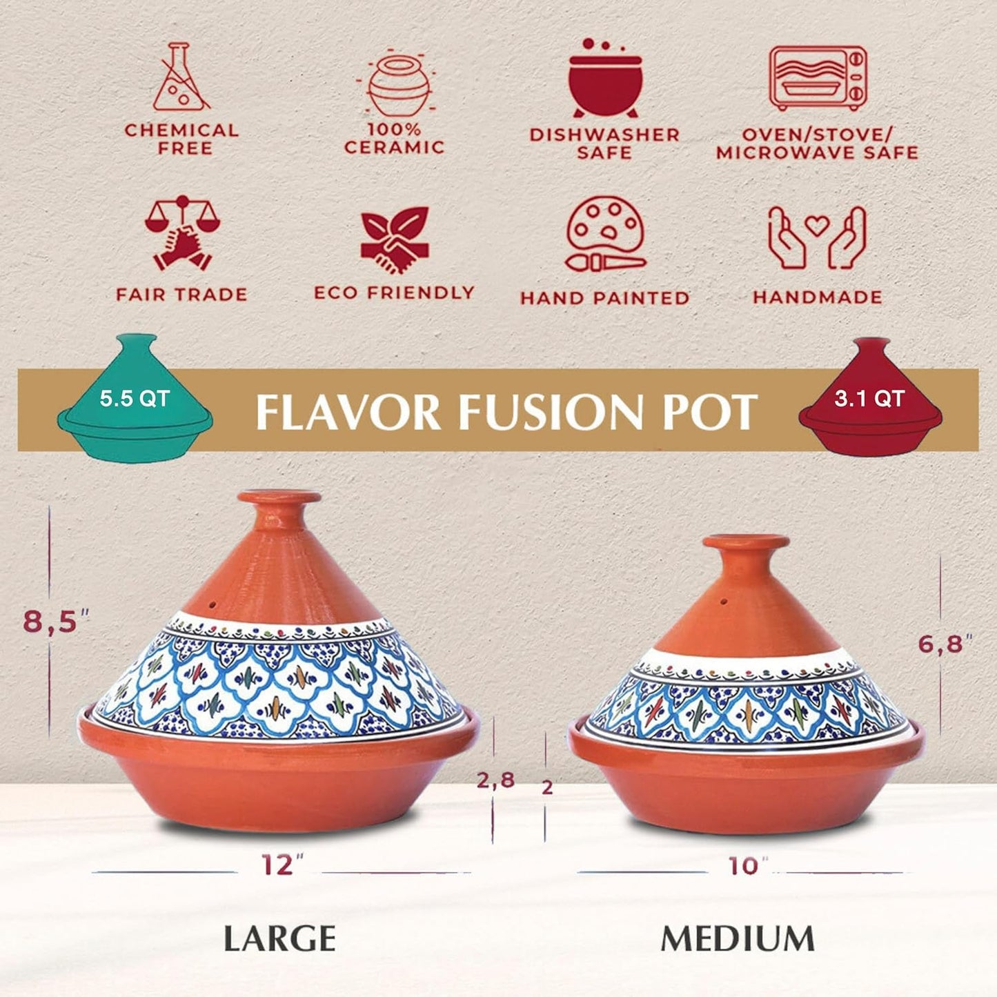 Kamsah Tagine Pot for Cooking and Flavor Enrichment - Medium Clay Pot 10”, 3.1 QT - Non-Stick Handmade Cookware - Moroccan Ceramic Pots for Cooking with Lid & Serving Bowl - Bohemian Classic Turquoise