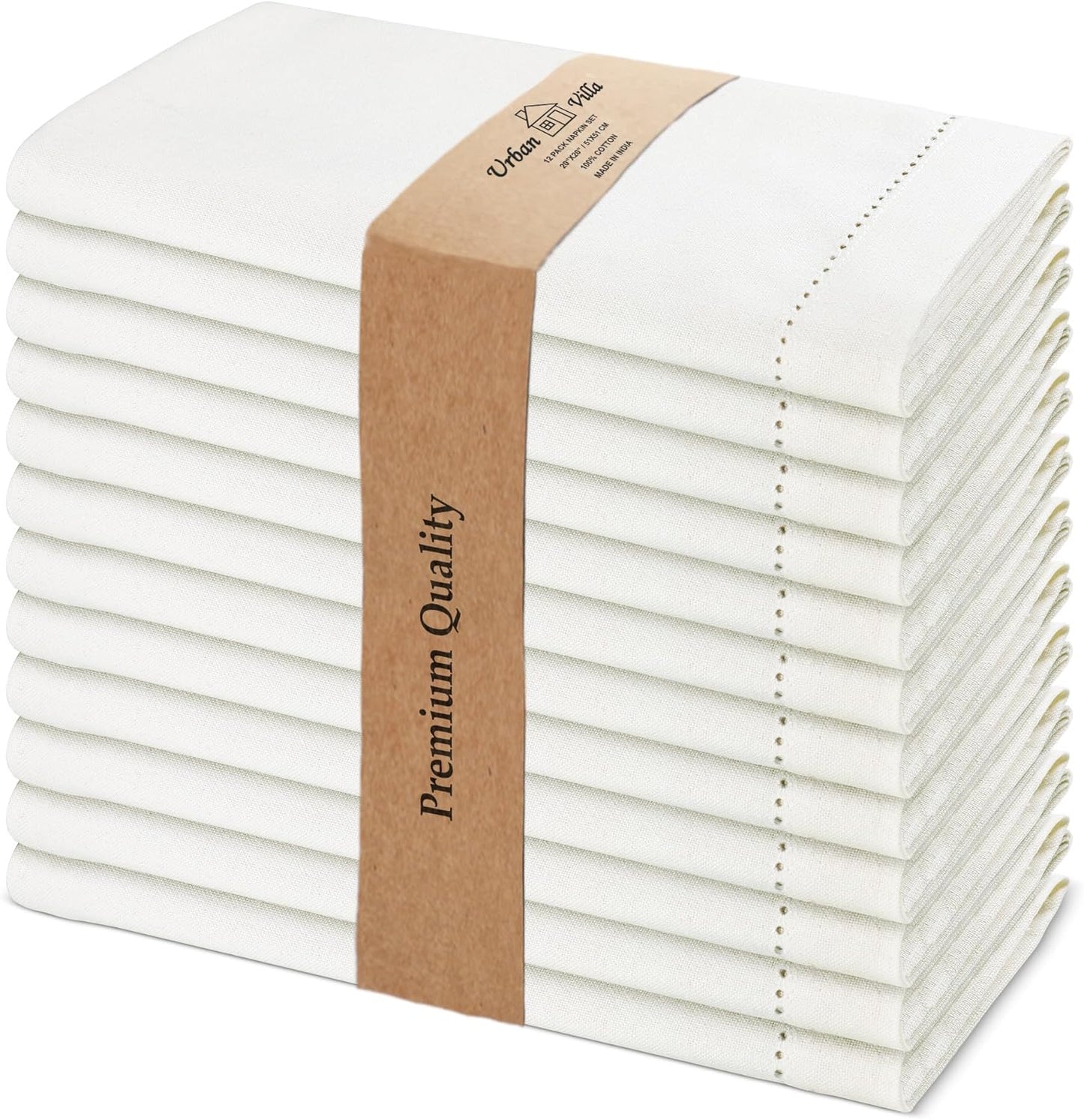 Urban Villa Cloth Napkins Ivory Hemstitch Dinner Napkins Set of 12 (20X20) 100% Cotton Absorbent Washable Durable Reusable Ideal for Hotel Collection Christmas Parties Restaurant Lunch Dinner Napkins