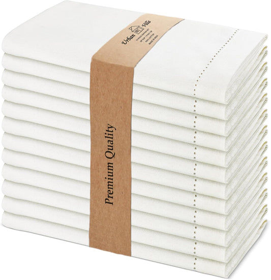 Urban Villa Cloth Napkins Ivory Hemstitch Dinner Napkins Set of 12 (20X20) 100% Cotton Absorbent Washable Durable Reusable Ideal for Hotel Collection Christmas Parties Restaurant Lunch Dinner Napkins