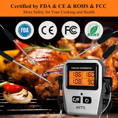 Wireless Digital Meat Thermometer,Instant Read Food Thermometer with LCD Display and 4 Stainless Probes,Advanced Electronic Thermometer Waterproof for BBQ Cooking Kitchen Outside Grill
