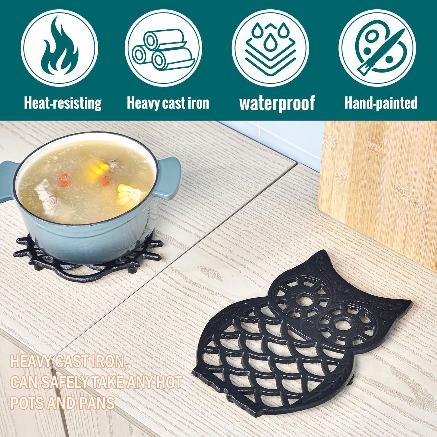 Sungmor Decorative Cast Iron Owl Trivet – Heat-Resistant Vintage-Style Hot Plate for Kitchen Counter or Table – Heavy Duty Metal Trivet with Rubber Feet – Black Rustic Finish