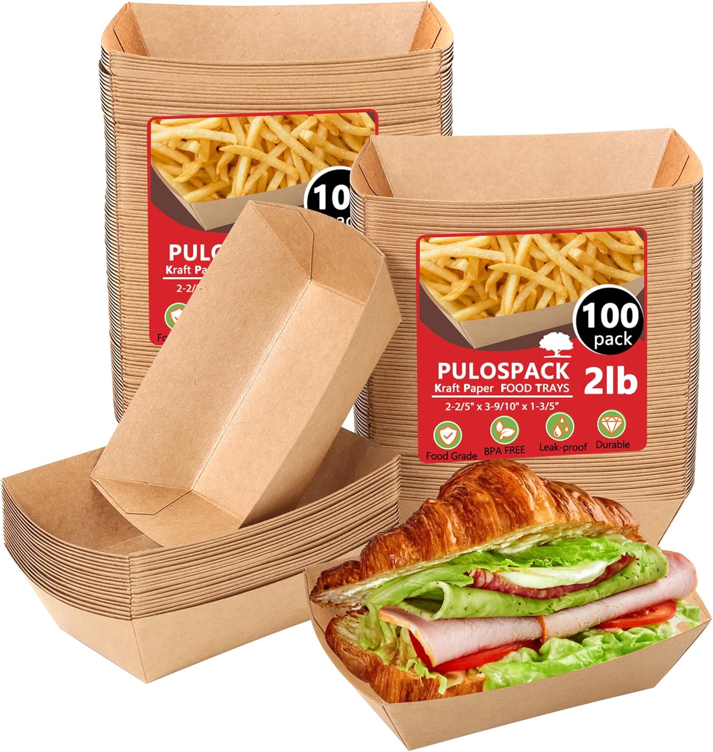 100 Pack 2lb Paper Food Boats, Kraft Paper Food Nacho Trays Disposable Take Out Food Serving Boats for Snack French Fries Tacos Hot Dog BBQ Popcorn Festivals Party Picnic Wedding (100)