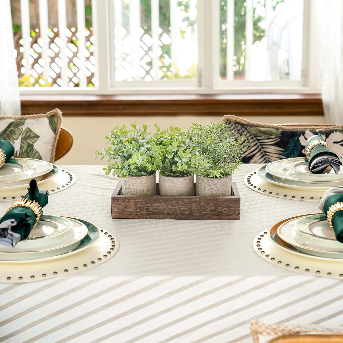 Dahey 3 Pack Mini Potted Artificial Eucalyptus Fake Plants with Wood Tray Centerpiece Table Decorations, Farmhouse Pulp Flower Pots Greenery Home Decor for Coffee Table Dining Room Office Kitchen