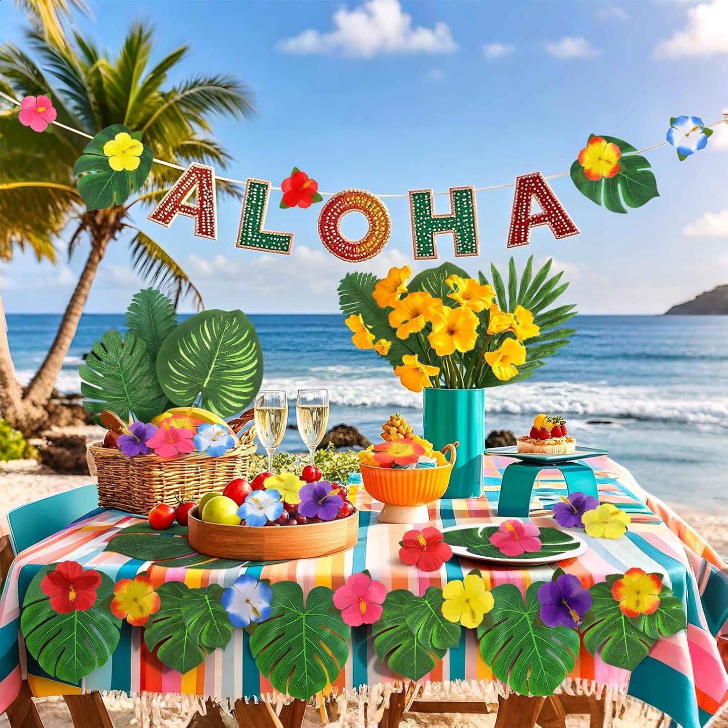 142Pcs Luau Party Decorations Fake Plant Palm Leave Monstera With Stems Hibiscus Flowers Artificial Tropical Leaves for Hawaiian Luau Safari Jungle Beach Wedding Birthday Theme Party Table Decorations