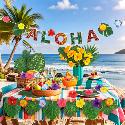 142Pcs Luau Party Decorations Fake Plant Palm Leave Monstera With Stems Hibiscus Flowers Artificial Tropical Leaves for Hawaiian Luau Safari Jungle Beach Wedding Birthday Theme Party Table Decorations