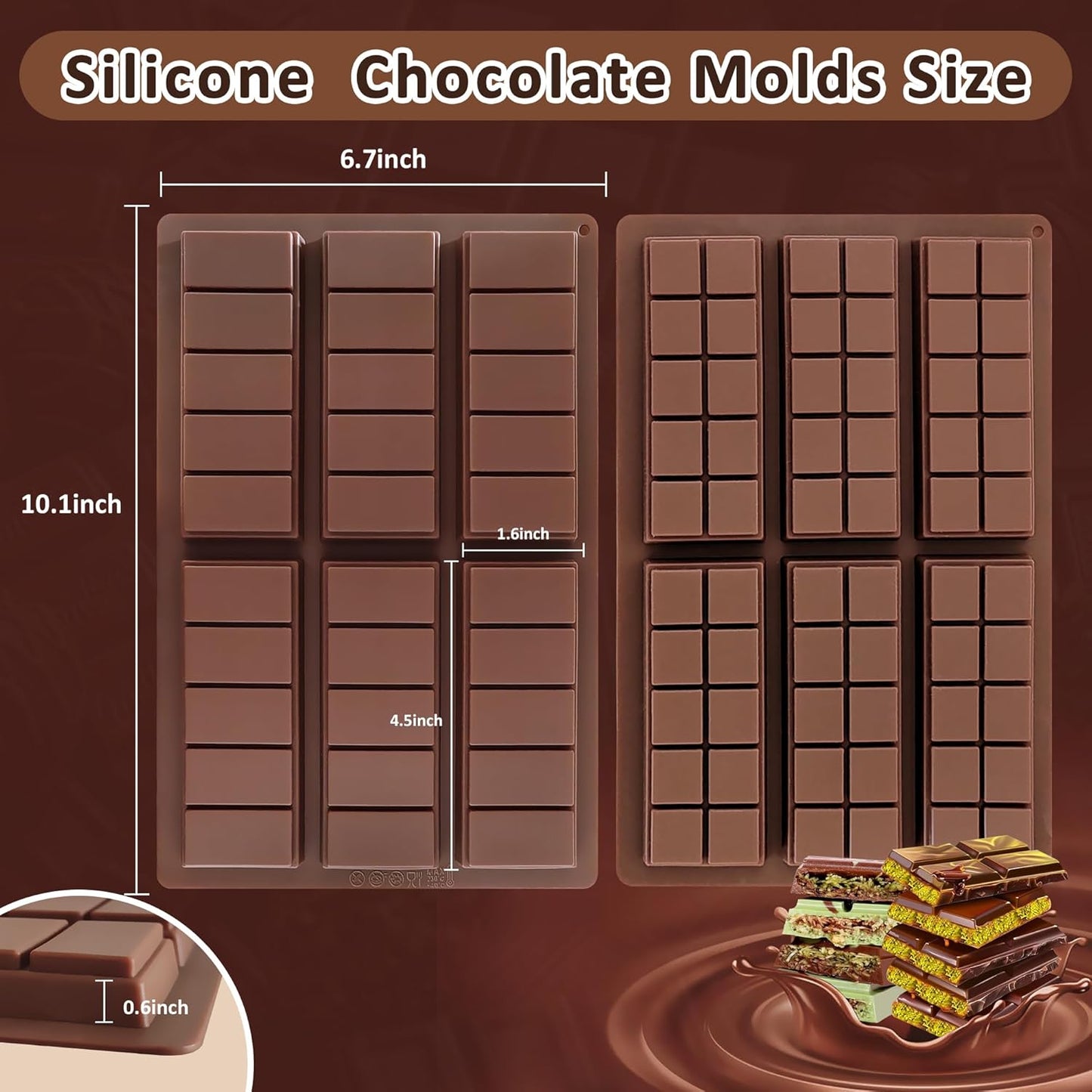 2 Pack Silicone Chocolate Bar Molds - Non-Stick Deep Dubai Chocolate Mold for Candy Bars, Pistachio, Homemade Energy,Protein Bars, Homemade Desserts (Reusable, Break Apart Design, Dishwasher Safe)