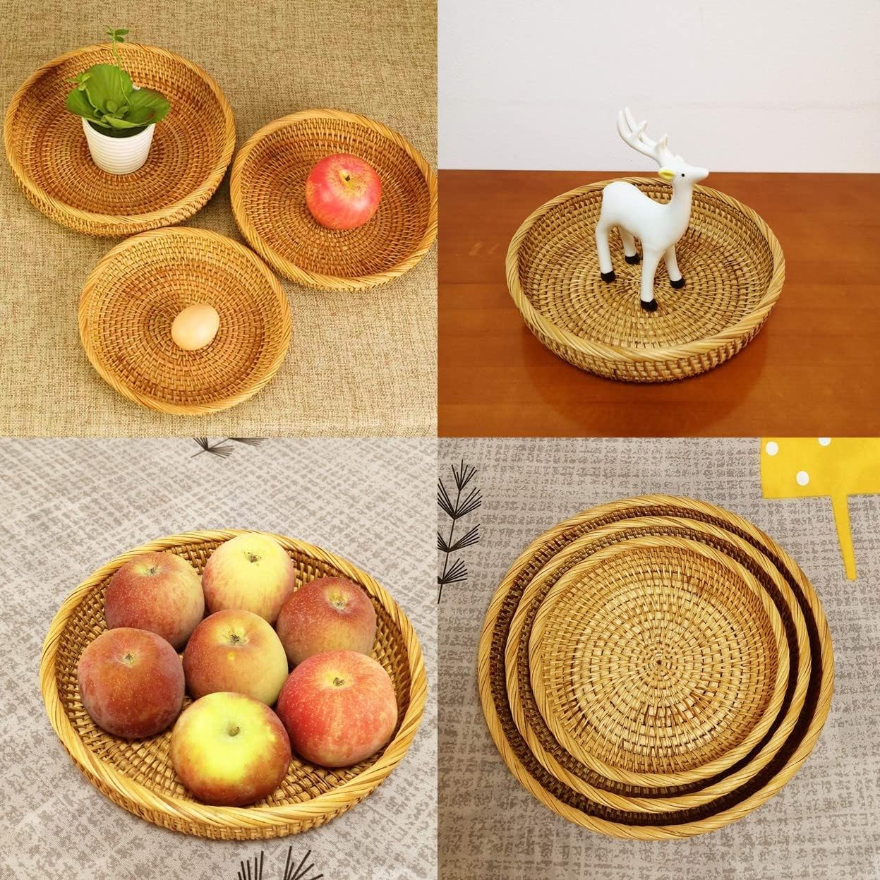 I-lan 3 Pack Round Bread baskets with 2" Wall, 11 Inch Rattan Fruit Basket with Rolled Edge, Decorative Natural Basket Wicker Bowl for Nuts, Candy Catch All Dish, Storage, Coffee Table, Brown, S M L