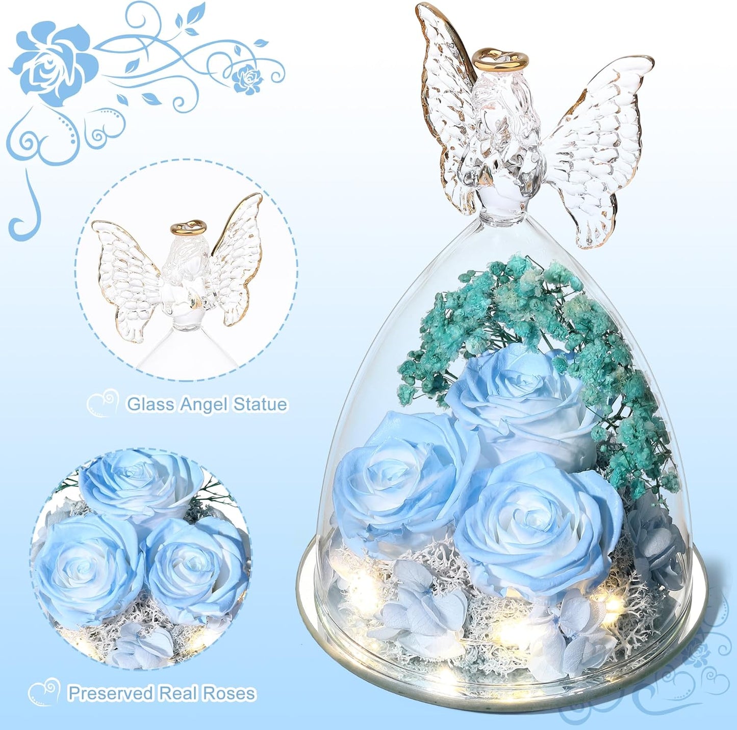 Christmas Rose Gifts for Women Preserved Real Flower in Glass Angel Figurines Roses for Delivery Prime Birthday Gifts for Mom Grandma Girlfriend Wife Her, Sky Blue White