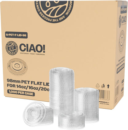 CIAO! PET Flat Lid with Straw Slot, Designed and Fit for 14OZ/16OZ/20OZ/24OZ PET Cold Drink Cups, 98mm (Case of 1,000)
