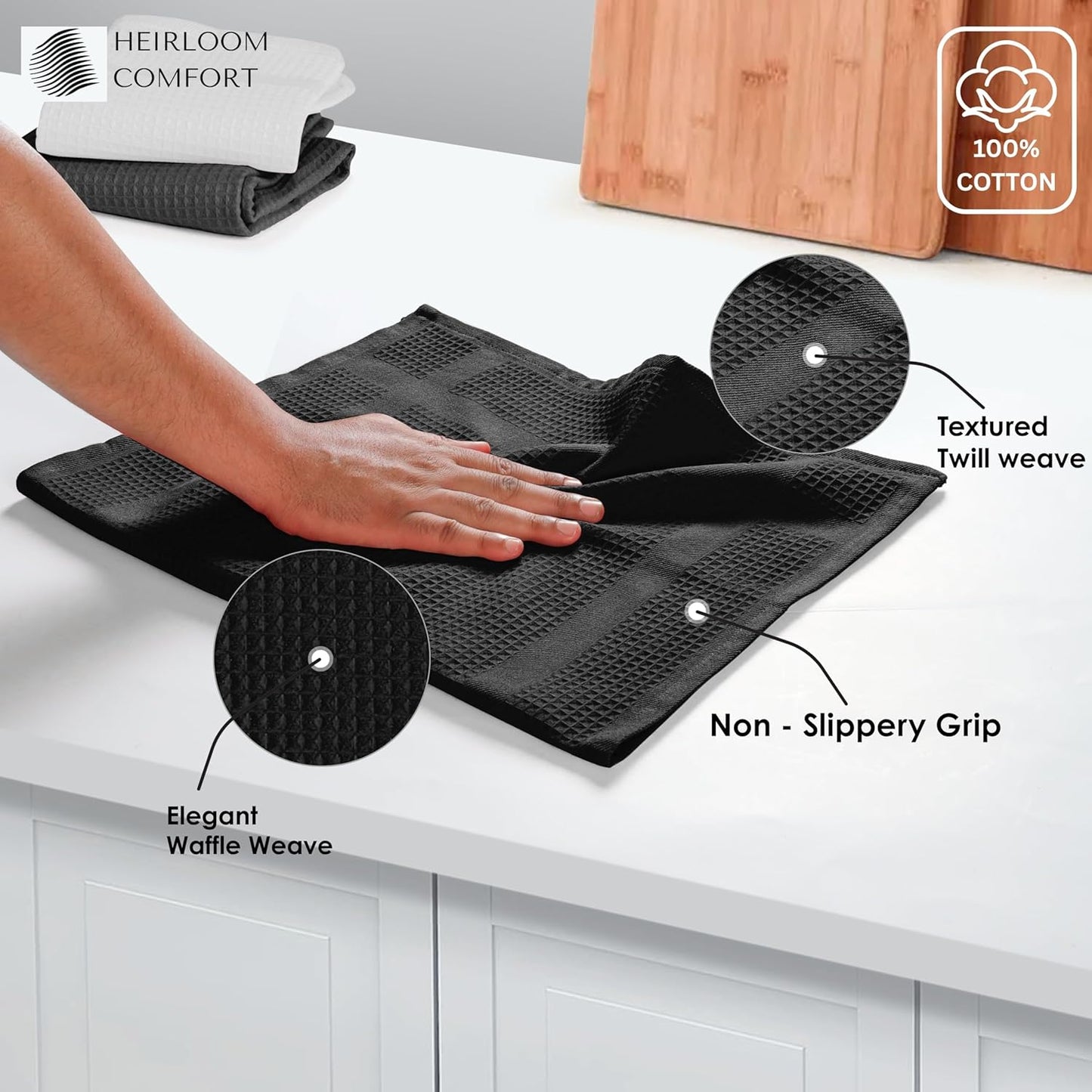 12 Pack Multi Color Waffle Weave Kitchen Towels, 16x26 Inch, 100% Cotton, Super Absorbent, Quick Dry, Hand Towels for Drying Dishes, Cleaning, Durable - White, Grey, Black