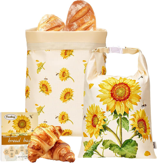 Beeswax Bread Bag, 2-Pack Beeswax Bread Bags For Sourdough, Reusable Bread Bags For Homemade Bread Sourdough, Organic Cotton & Beeswax Bags, Sunflower Series