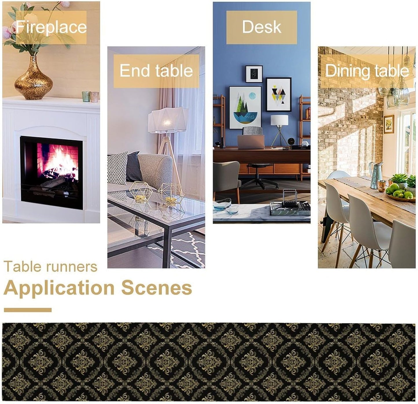 Abstract Table Runner, Traditional Ethnic Patterns Golden Floral Black Cool Vintage Table Runner for Kitchen Living Room Party Home 13x60 Inch