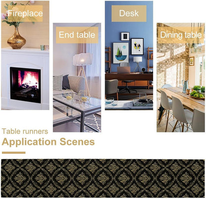 Abstract Table Runner, Traditional Ethnic Patterns Golden Floral Black Cool Vintage Table Runner for Kitchen Living Room Party Home 13x60 Inch