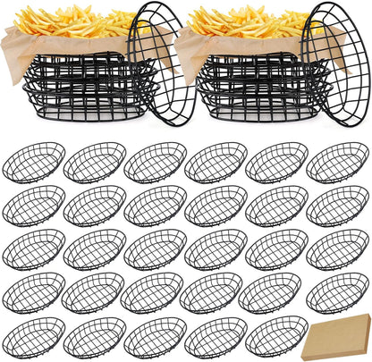 30 Pcs Black Wire Bread Basket 9.5 x 6.2 x 2.2 Inch Oval Metal Dinner Roll Baskets for Serving Fruit Bowl Storage with 150 Sheets Deli Wrappers Paper for Kitchen Table Fast Food