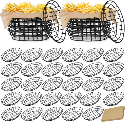 30 Pcs Black Wire Bread Basket 9.5 x 6.2 x 2.2 Inch Oval Metal Dinner Roll Baskets for Serving Fruit Bowl Storage with 150 Sheets Deli Wrappers Paper for Kitchen Table Fast Food