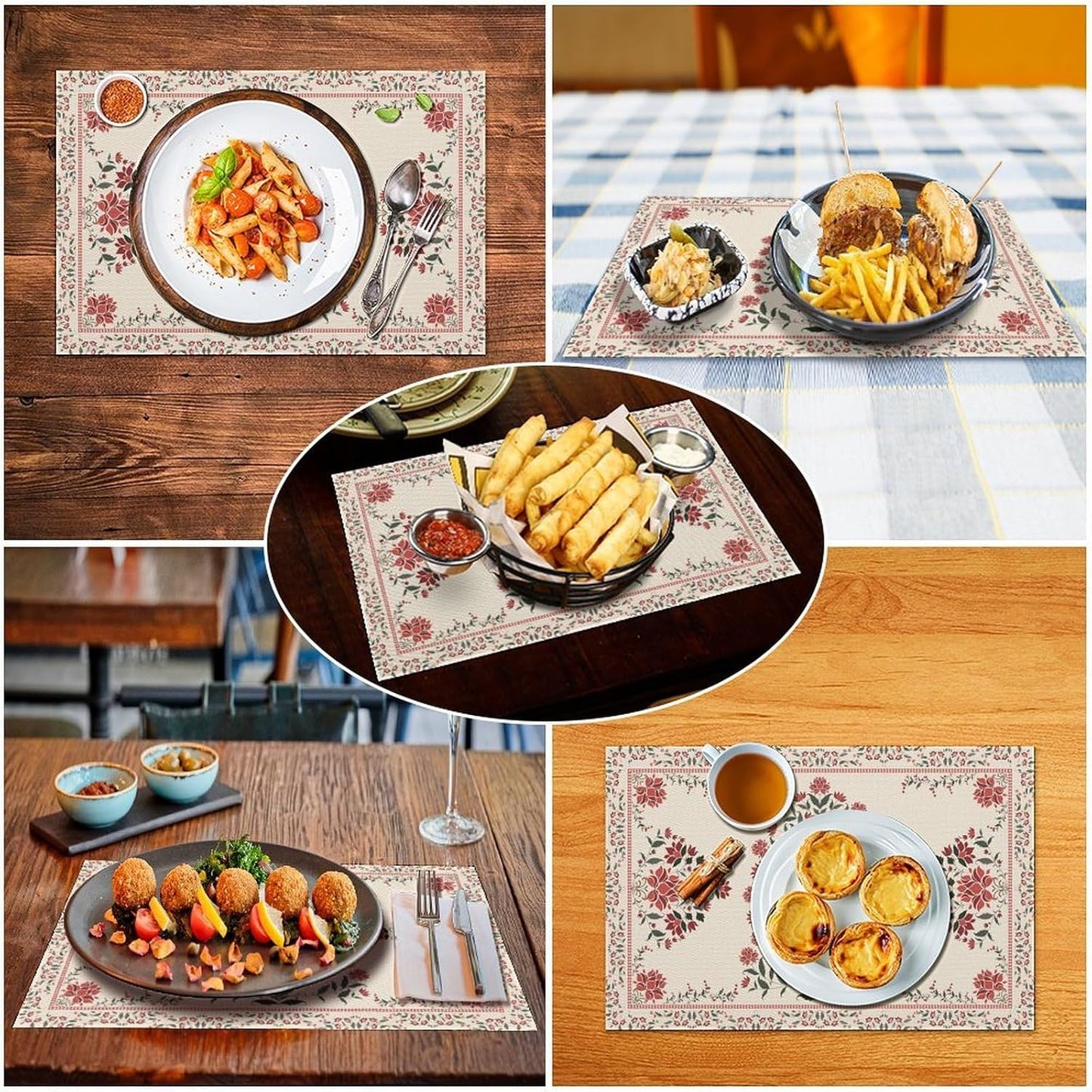 Vintage Floral Placemats Set of 4, 12x18 Inch Rustic Boho Persian Carpet Turkish Tribal Bohemia Holiday Farmhouse Coffee Table Mats for Party Kitchen Dining Decoration