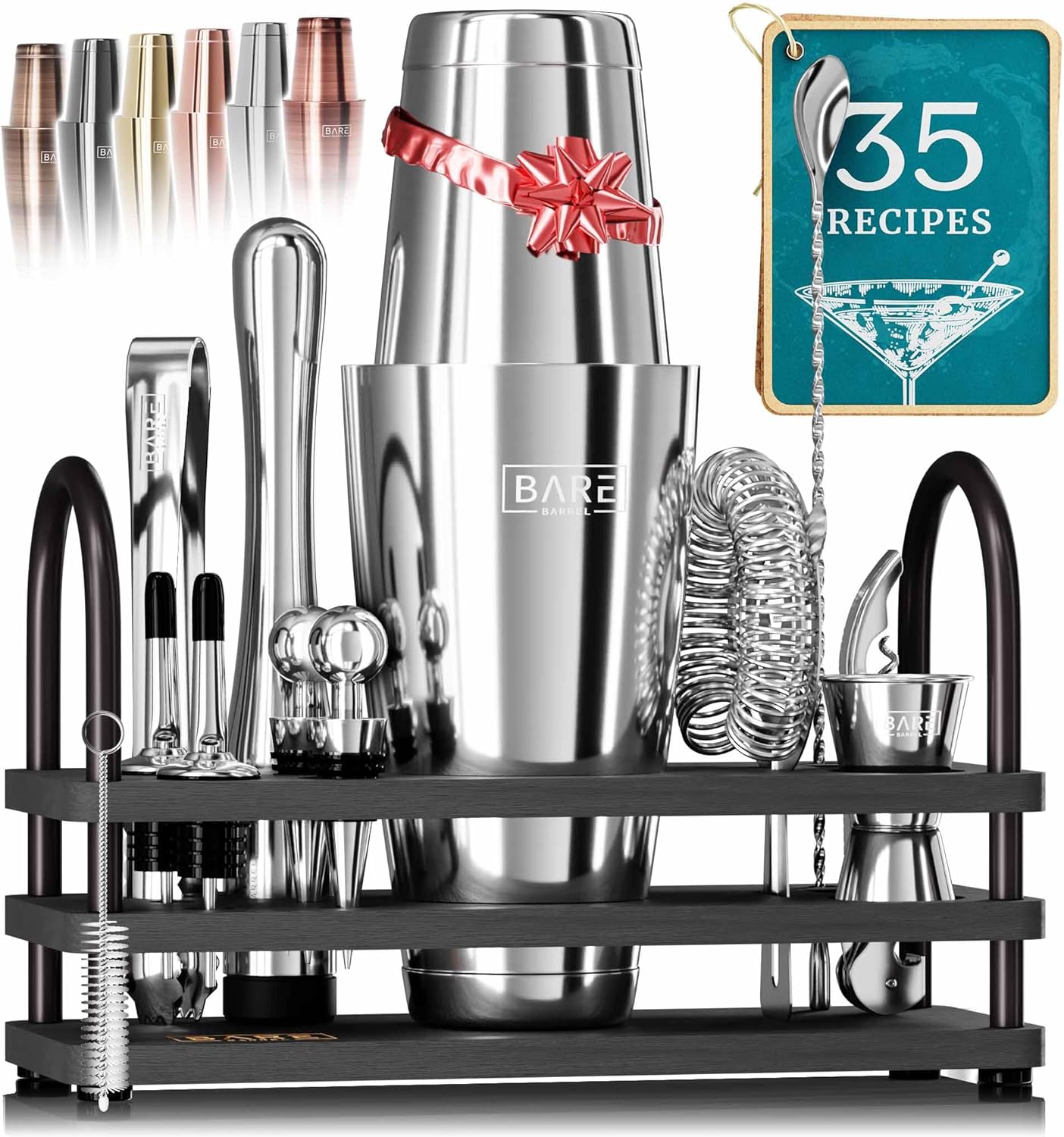 BARE BARREL® Mixology Bartender Kit Bar Set | 14-Piece Cocktail Shaker Set | Martini Barware Mixing Tools for Home Bartending | 35 Recipe Cards | Gift Set (28oz Boston Shaker, Silver/Black)