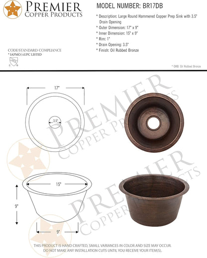 Premier Copper Products BR17DB 17-Inch Round Hammered Copper Prep Bar Sink