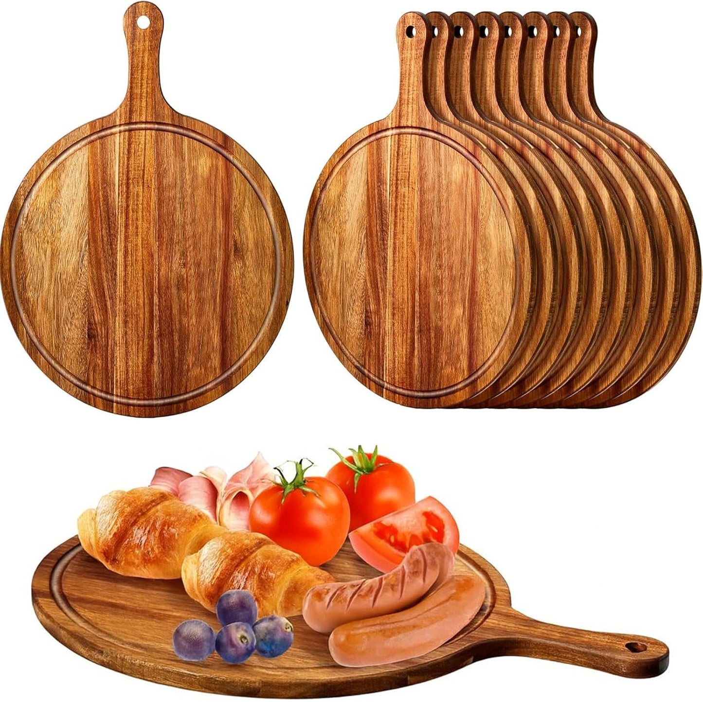 10 Pcs 15.4 x 11.4 Inch Wood Round Cutting Boards with Handle for Kitchen Serving and Food Preparation Featuring Use for Pizza Bread Cheese Charcuterie Vegetables(Acacia)