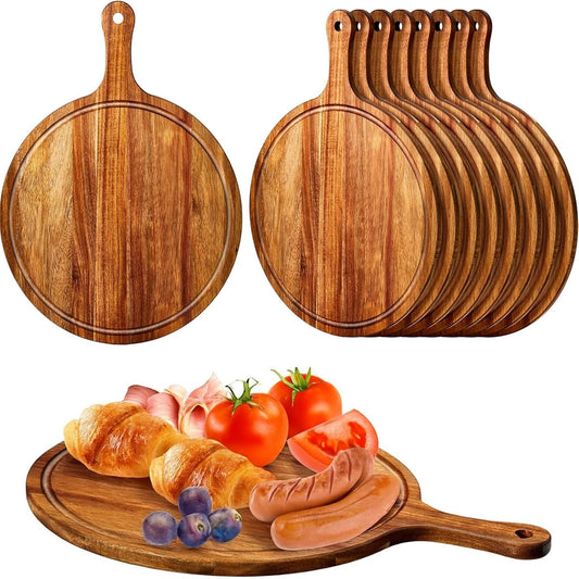 10 Pcs 15.4 x 11.4 Inch Wood Round Cutting Boards with Handle for Kitchen Serving and Food Preparation Featuring Use for Pizza Bread Cheese Charcuterie Vegetables(Acacia)