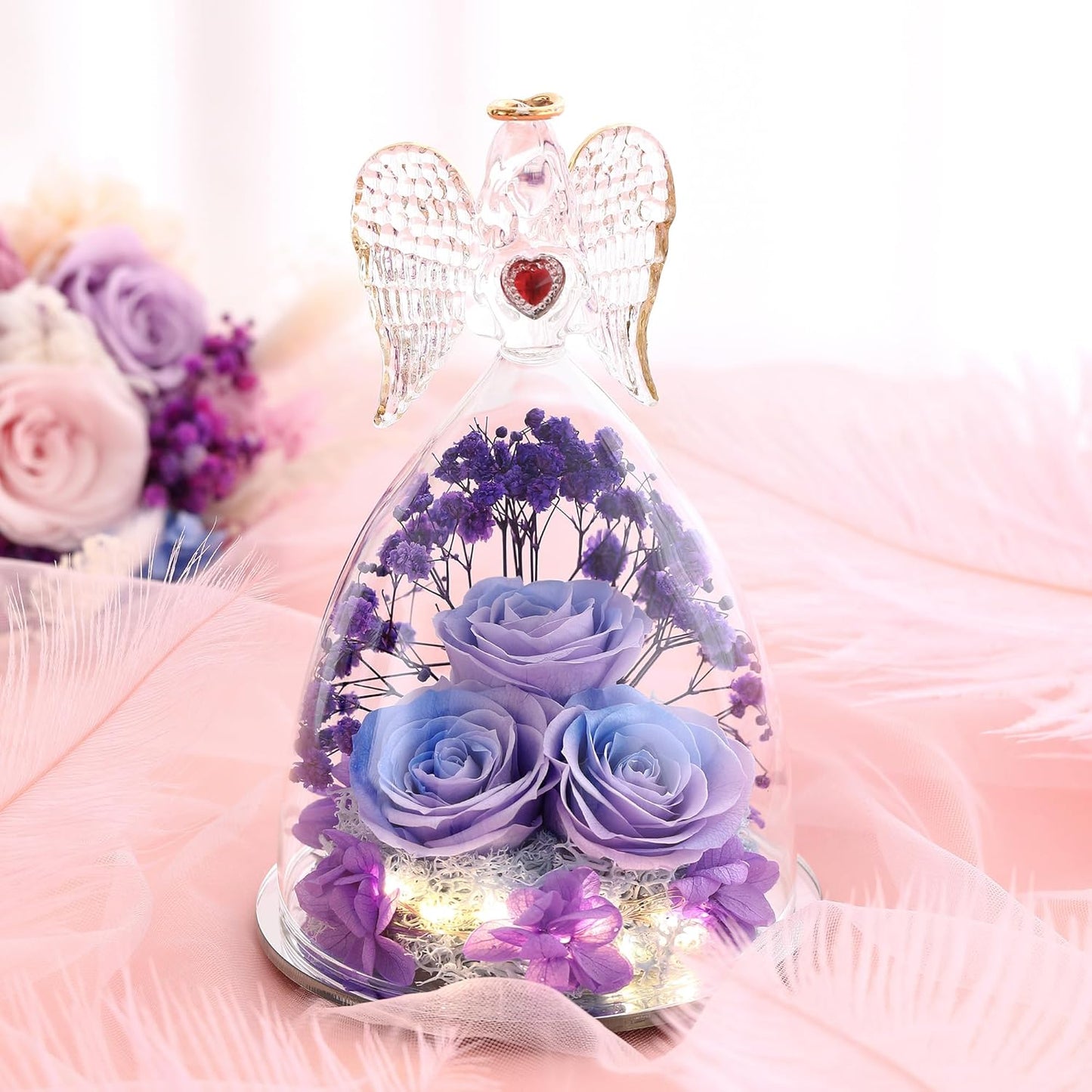 Mothers Day Rose Gifts for Women, Large Angel Figurines with Real Roses, Preserved Real Flower Rose for Her - Purple Blue