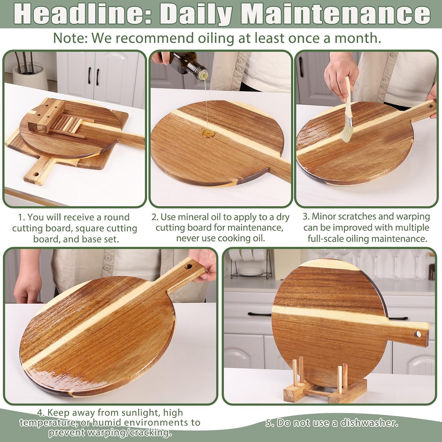 2 Pack Acacia Wood Cutting Board with Stand, Charcuterie Boards for Kitchen, Round & Rectangular Wooden Cutting Board Set for Cheese, Meat, Pizza, Vegetables, Bread(16 x 12 Inch)