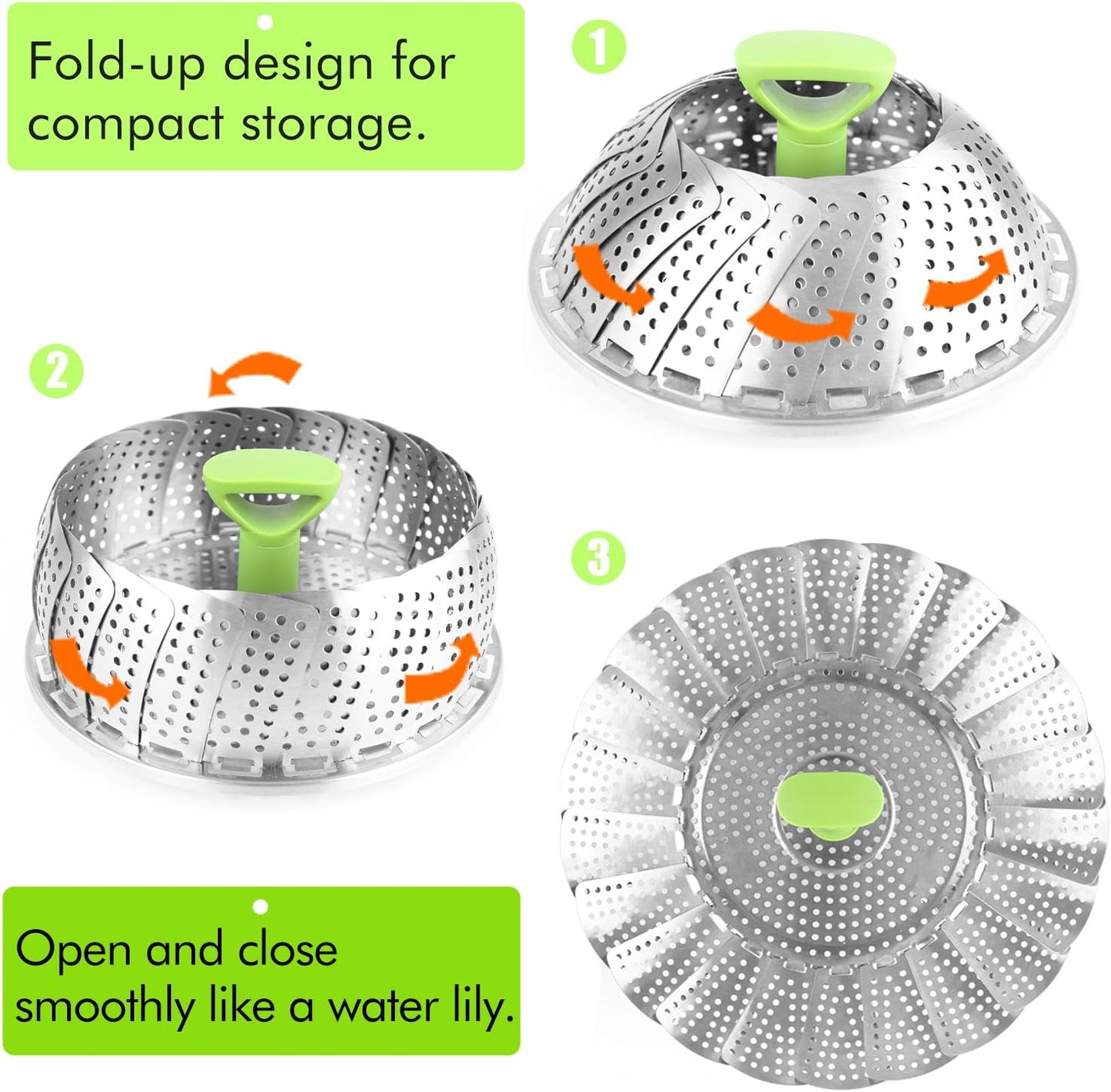 Consevisen Vegetable Steamer Basket for Cooking Food, Stainless Steel Veggie Steam Basket for Pot, Folding Expandable Steaming Insert with Extendable Handle Fits Various Size Pot, 6.4" to 10"