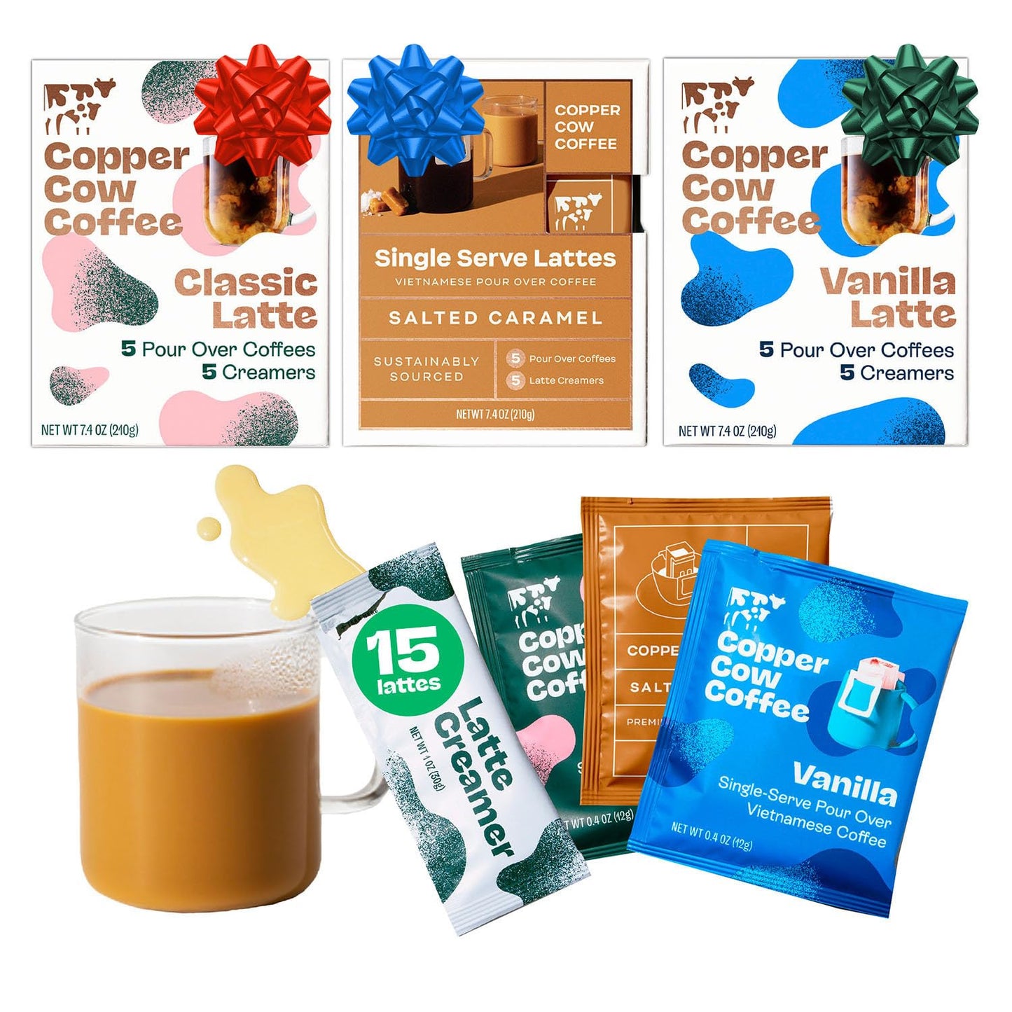 Copper Cow Vietnamese Coffee Variety Pack (15 Coffees & 15 Creamers)| Classic, Vanilla, & Salted Caramel Latte | Pour Over Single-Serve Lattes, No Refrigeration Needed, Travel Friendly Ground Coffee