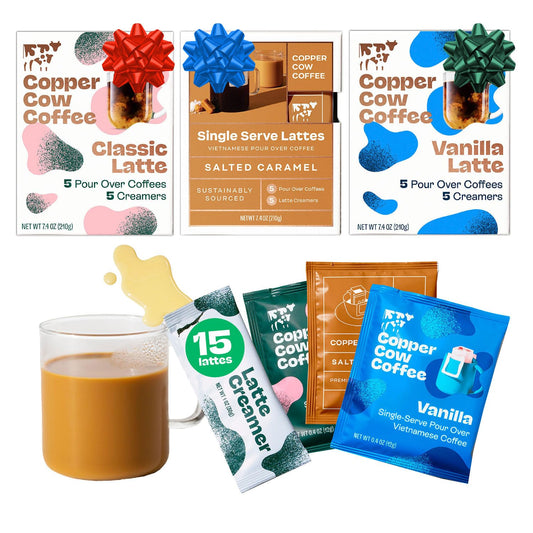 Copper Cow Vietnamese Coffee Variety Pack (15 Coffees & 15 Creamers)| Classic, Vanilla, & Salted Caramel Latte | Pour Over Single-Serve Lattes, No Refrigeration Needed, Travel Friendly Ground Coffee