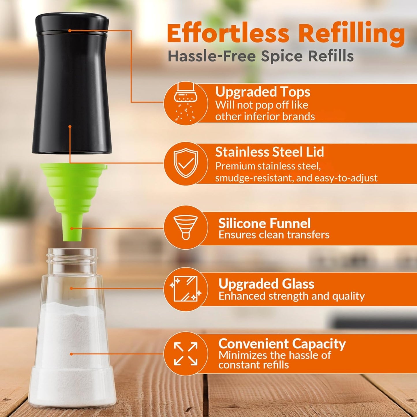 HOME EC Original Salt and Pepper Shakers Set with Adjustable Pour Holes - Black Salt Shaker and Pepper Shaker - Farmhouse Spice dispenser for salts, Ground peppercorn and spices