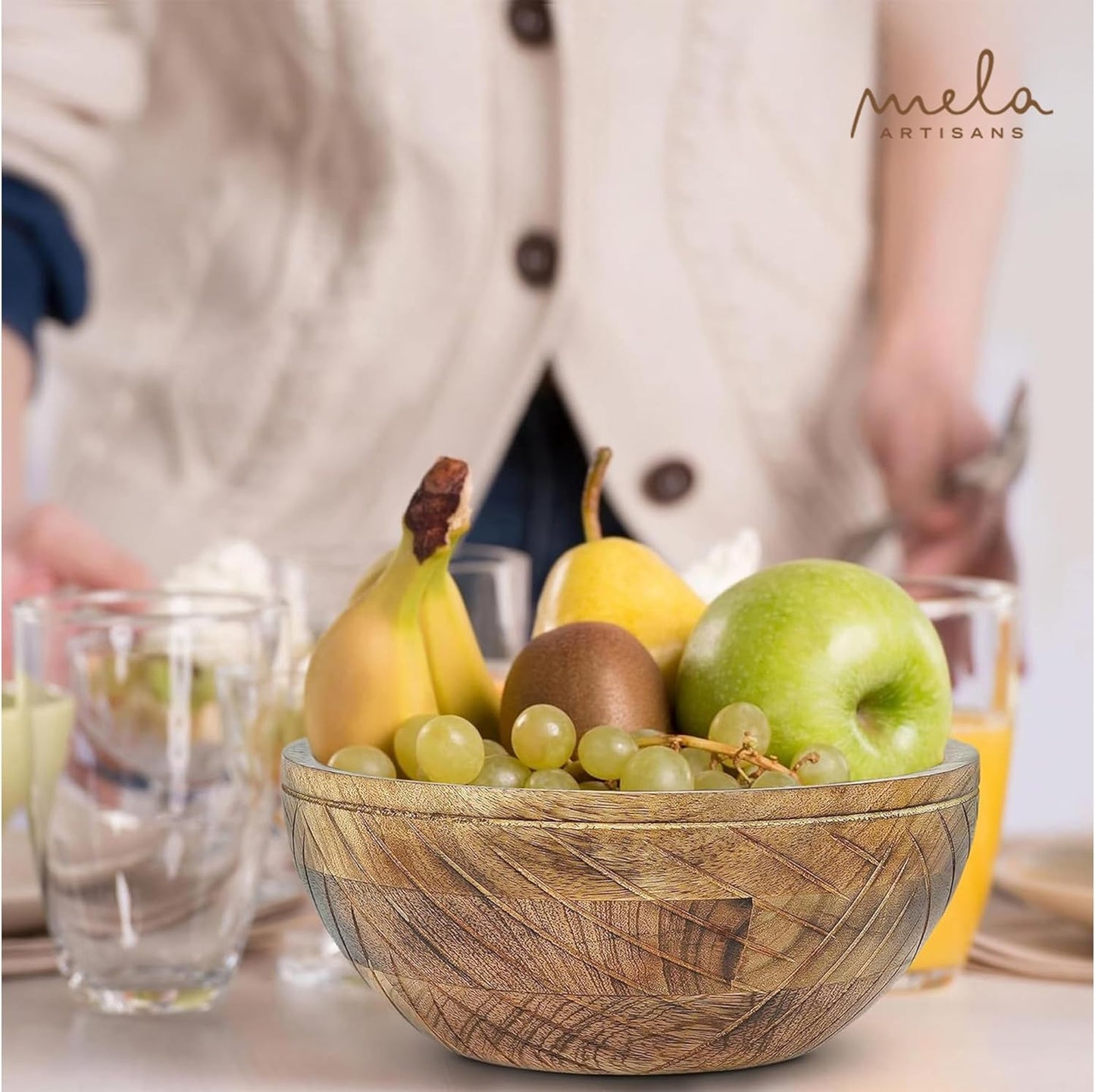 Mela Artisans Wooden Fruit Bowl | Light Burnt Finish | 9” Decorative Mango Wood Serving Bowl | Multipurpose for Kitchen Countertop | Salad | Dessert | Snacks | Breads & More | Natural Grain Pattern