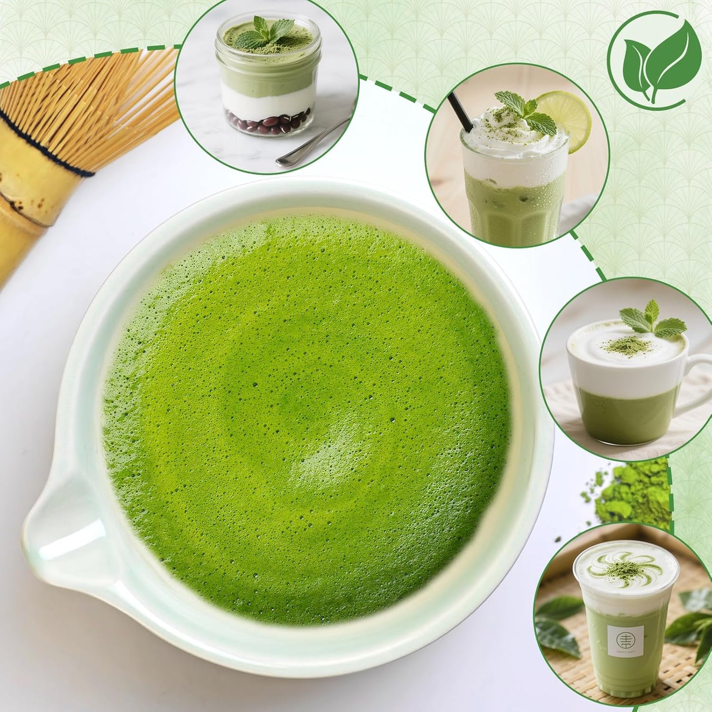 Matcha Whisk Set, 7 Pcs Ceramic Matcha Whisk Kit, Bowl with Spout, Holder, Stainless Sifter, Bamboo Scoop and Tea Towel, Gift Set for Tea Lovers