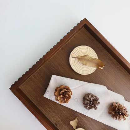 Wood Decorative Tray, Distressed Outdoor Serving Tray with Wooden Bead for Ottoman, Coffee Table, Entertaining, Home Decor, Rectangular 15.7”*11.8”*1.57” (Dark Brown)