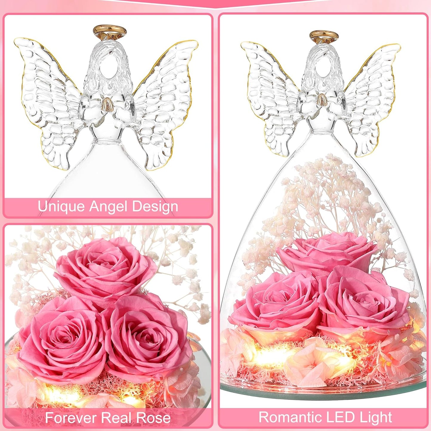 Christmas Rose Gifts for Women Preserved Real Flower in Glass Angel Figurines Roses for Delivery Prime Birthday Gifts for Mom Grandma Girlfriend Wife Her, Sweet Pink