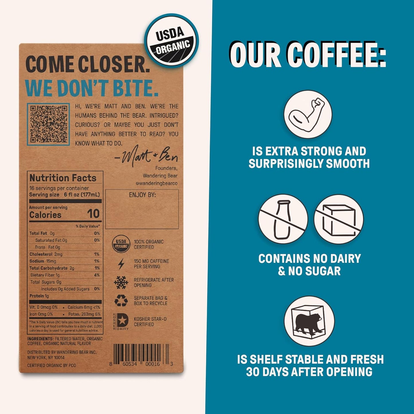 Wandering Bear Organic Vanilla Coffee Cold Brew On Tap, Iced Coffee Drink -Extra Strong, Smooth, No Sugar Added, Shelf-Stable, Ready to Drink, Gluten Free & Vegan Decaf -16 Servings of 6fl.oz -96fl.oz