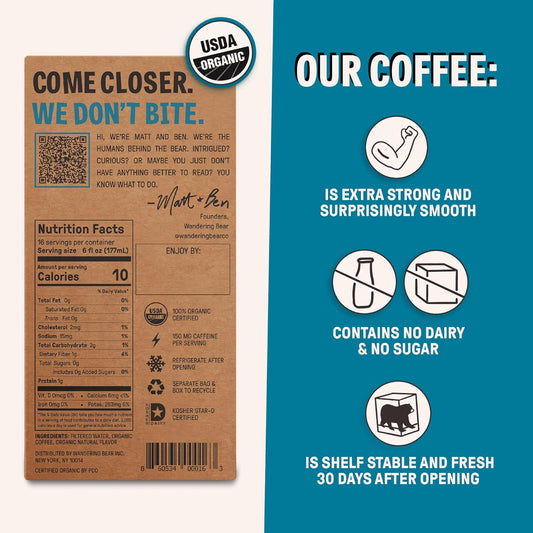 Wandering Bear Organic Vanilla Coffee Cold Brew On Tap, Iced Coffee Drink -Extra Strong, Smooth, No Sugar Added, Shelf-Stable, Ready to Drink, Gluten Free & Vegan Decaf -16 Servings of 6fl.oz -96fl.oz