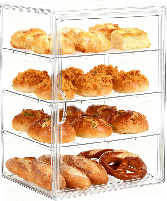 Pastry Display Case, Acrylic Bakery Display Case 3-Tier Pastry Display Cabinet with Removable Shelves and Front Door, Clear Bread Display Box for Bakery, Coffee Shop, Buffet