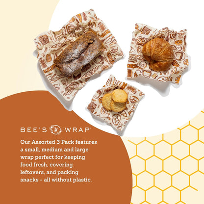 Bee's Wrap Beeswax Wraps for Food - Made in USA Reusable & Organic Food Wraps, Sandwich Wrap & Bowl Covers - Eco-Friendly Alternative to Aluminum Foil & Plastic Wrap, Bakery Lane 3 Pack (S, M, L)