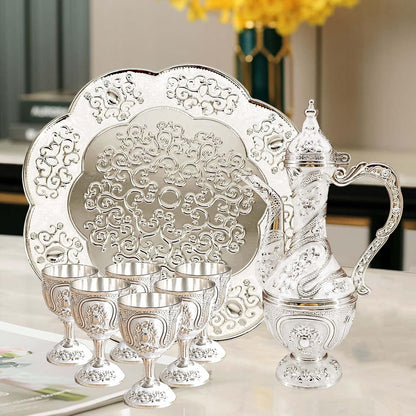 Vintage Turkish Coffee Pot and Cups Set,Tea Service Set Including Teapot,Tea Tray and Metal Cups for Wine Cabinet Decor,Wedding Ornaments (Silver and White)