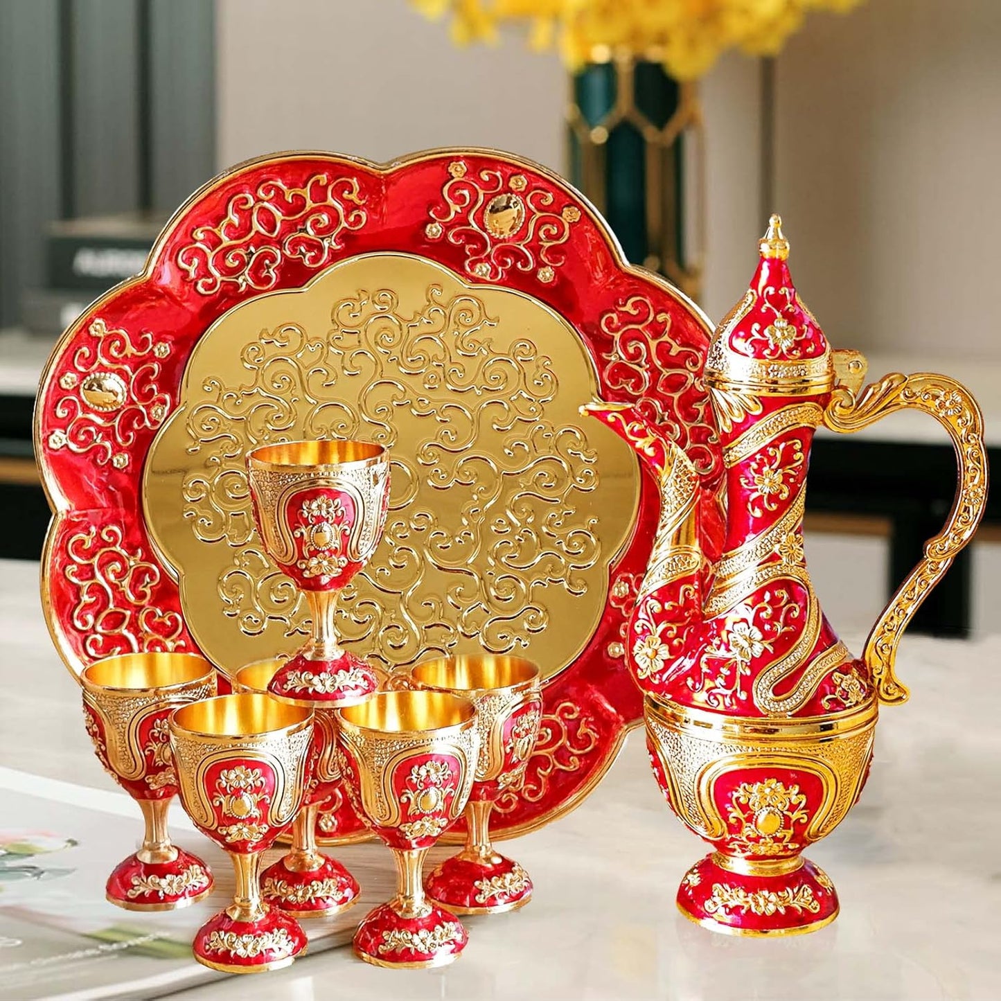 Vintage Turkish Coffee Pot and Cups Set,Tea Service Set Including Teapot,Tea Tray and Metal Cups for Wine Cabinet Decor,Wedding Ornaments (Gold and Red)