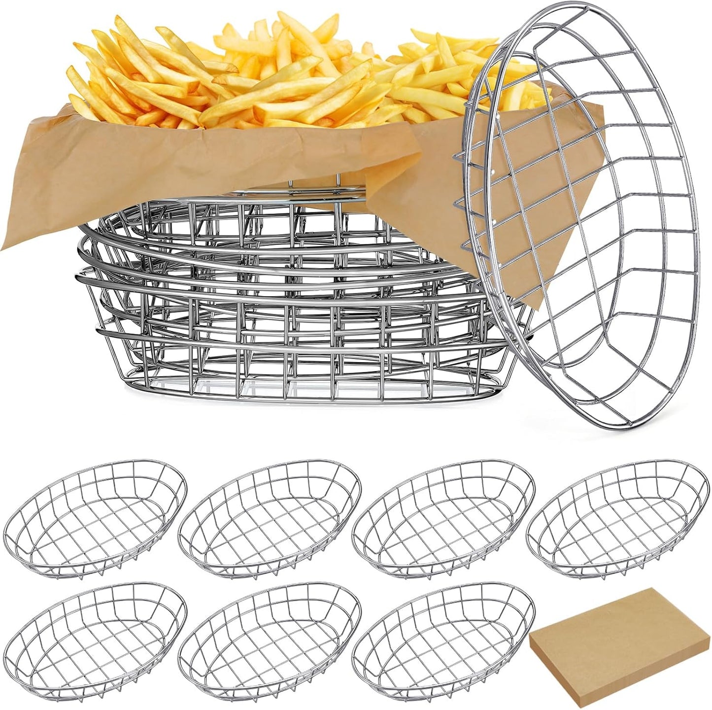 Hushee 12 Pcs Wire Bread Basket Bulk 9.5x6.2x2.2 Inch Oval Metal Dinner Roll Baskets for table Serving Fruit Bowl with 50 Deli Wrapper Paper for Restaurant Kitchen Fast Food