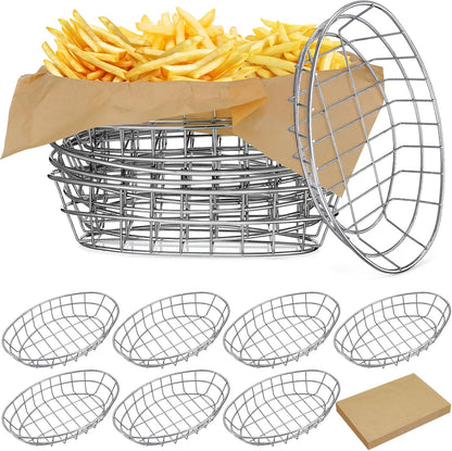 Hushee 12 Pcs Wire Bread Basket Bulk 9.5x6.2x2.2 Inch Oval Metal Dinner Roll Baskets for table Serving Fruit Bowl with 50 Deli Wrapper Paper for Restaurant Kitchen Fast Food