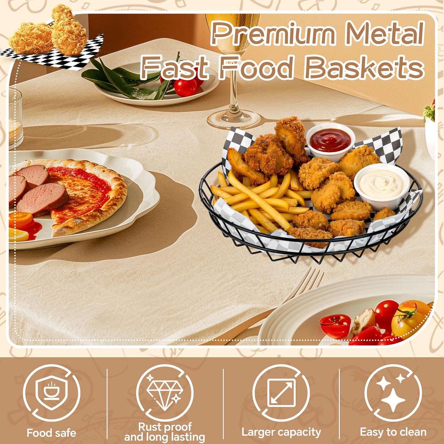 6 Pcs Large Round Metal Wire Bread Baskets 9.8x9.8x1.8 Inch Bread Serving Decorative Sandwich Container Christmas Party Fast Food Basket for Fruit Burger Kitchen Restaurant