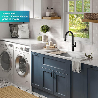 KRAUS Bellucci Workstation 32 in. Undermount Granite Composite Single Bowl Kitchen Sink in White with Accessories with WasteGuard™ Continuous Feed Garbage Disposal, KGUW1-33WH-100-75MB