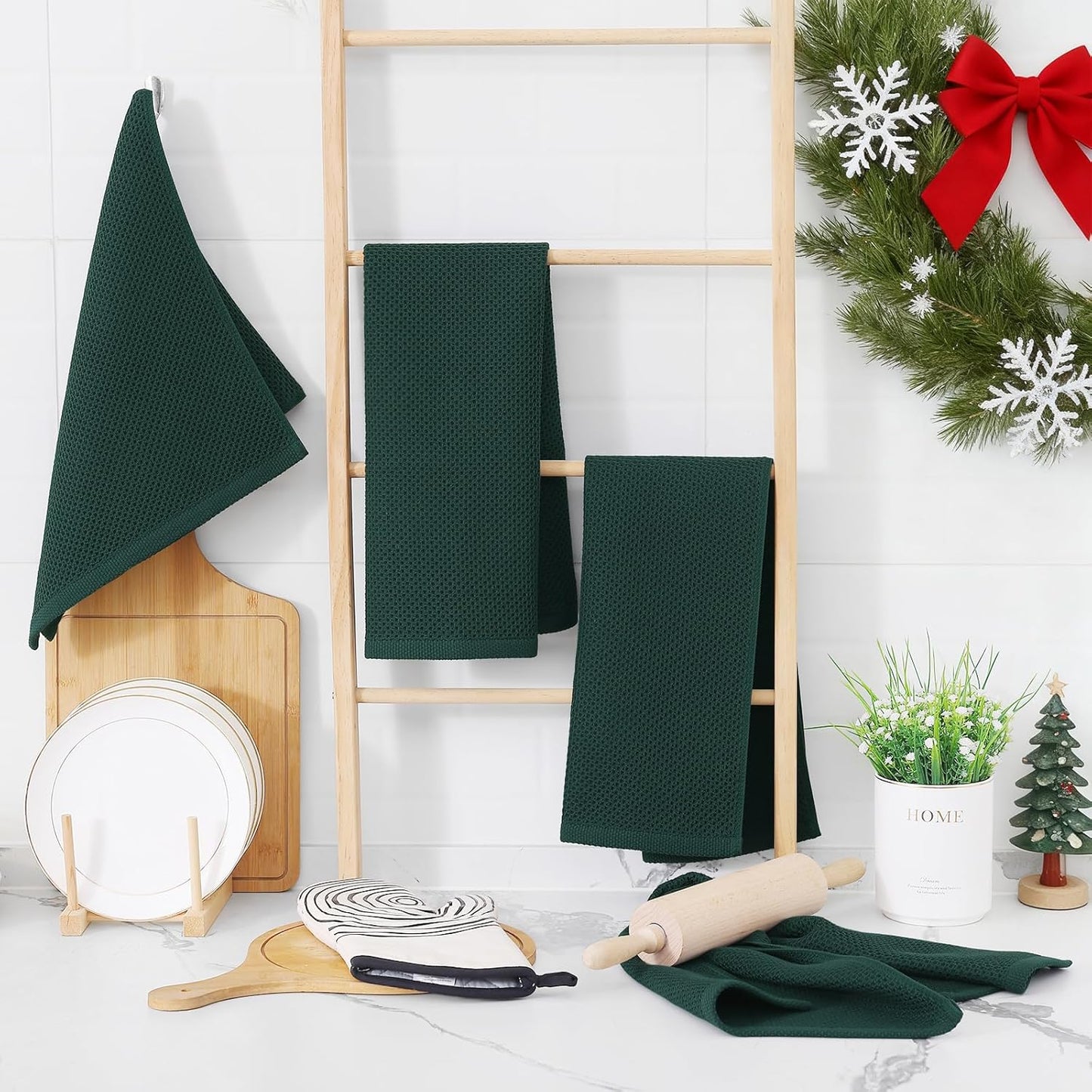 Homaxy 100% Cotton Waffle Weave Kitchen Dish Towels, Ultra Soft Absorbent Quick Drying Cleaning Towel, 13 x 28 Inches, 8-Pack, Blackish Green