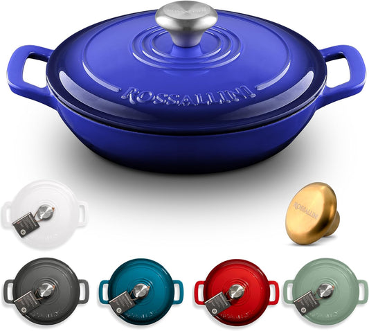 Signature Enameled Cast Iron Braiser, Non-Stick Serving Pot with Tight Fitting Lid for Perfect Roasting, Baking, Sauteing, Searing, and Pan Frying | 1.5Q (1.4L) - Indigo Blue