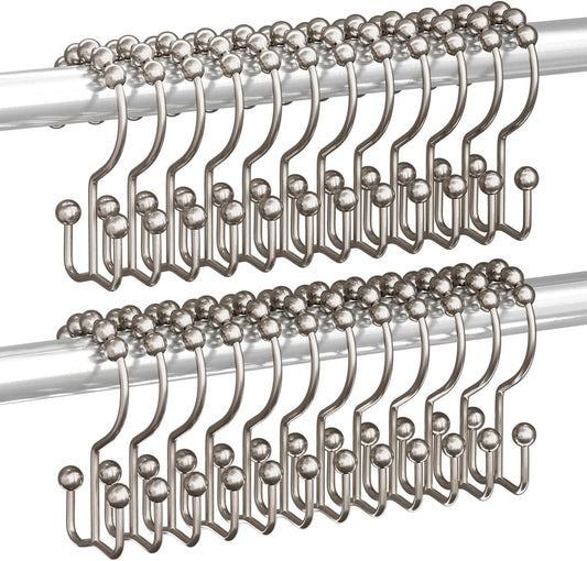 Titanker Shower Curtain Hooks Rings, Rust Resistant Metal Double Glide Shower Hooks Rings for Bathroom Shower Rods Curtains, Set of 24 Hooks - Nickel